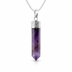 Collier Pendentif en Améthyste Naturelle en Gros, Pointe de Cristal, Pierre de Guérison en Quartz, Chaîne Plaqué Argent, Bijou Reiki Chakra, Cadeau - Product Image 1