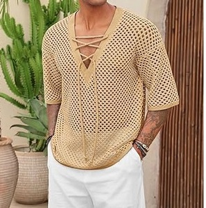 เสื้อยืดตาข่ายแขนสั้นสไตล์ลำลองสำหรับฤดูร้อน คอเชือกผูก ซีทรู โปร่งใส ทรงหลวม - Product Image 5