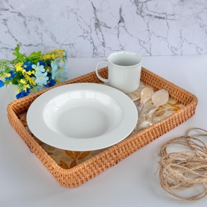 Two Piece Rectangular Rattan Tray <b>Set</b> With Mother Of Pearl For Daily Home Use Guest <b>Serving</b> And Special Occasions From India - Product Image 2