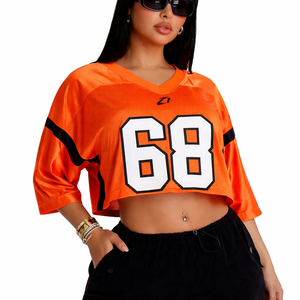 Camiseta Deportiva Corta para Mujer, Color Naranja, Transpirable, Cuello Redondo, Estampado Personalizado, Estilo American Football, Corte Holgado, Fabricación OEM - Product Image 1