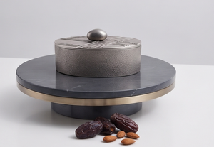 Luxury Silver Textured Metal Date And Dry Fruit Storage Box Abstract Linear Lid With Pebble Knob Finial - Product Image 5