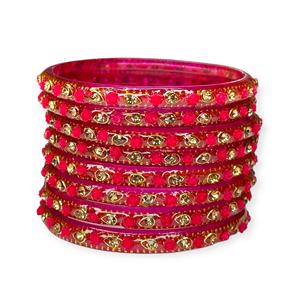 Ensemble de bracelets en verre rose floral plaqué or, très tendance, avec travail de cristaux étincelants et finition brillante, prix de gros pour femmes - Product Image 1