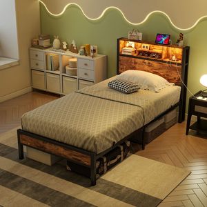 <b>Twin</b> Size Metal <b>Bed</b> <b>Frame</b> with Storage Headboard Charging Station & Bookcase No Box Spring Needed - Product Image 1