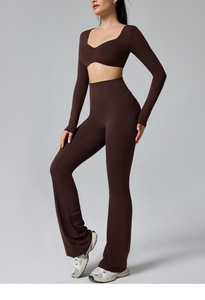 Conjunto Deportivo Transpirable para Mujer, Cuello en V, Manga Larga, Antiarrugas, Top Corto, Pantalones Acampanados con Efecto Levanta Glúteos, 2 Piezas - Product Image 4