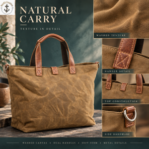 Natural Oil <b>Waxed</b> <b>Canvas</b> Shopping Tote with Dual Carry Handles | Tan Brown Daily Carry <b>Bag</b> with Metal Side Hardware for Travels - Product Image 5