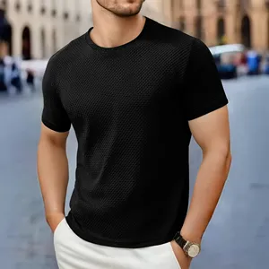 T-shirt Homme Noir à Manches Courtes Col Rond Coupe Droite Tricoté Respirant Couleur Unie 100% Coton Hip Hop Anti-Plis 210g - Product Image 2