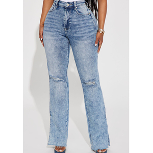 High Waist Plus Size Straight Leg <b>Jeans</b> Distressed Ripped Denim Full Length Casual Style <b>Button</b> <b>Fly</b> Soft Cotton Stretch - Product Image 1