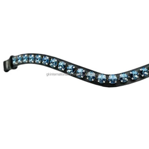 Bande de front de cheval en cuir de forme incurvée garantie à vie avec strass de cristaux ronds bleu denim bande de front méga bling - Product Image 5