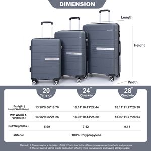 Doppio filatore ruote Hardshell valigia TSA Set leggero e resistente 3 pezzi (20/24/28) grigio 3 pezzi (20/24/28) - Product Image 3