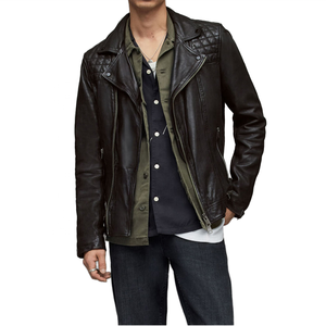 Veste moto en cuir véritable pour homme avec fermeture éclair, col rabattable, couleur unie, coupe classique, imperméable et coupe-vent pour l'hiver - Product Image 1