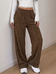 Women's Brown Corduroy Wide Leg Pants Casual <b>Elastic</b> <b>Waist</b> <b>Trousers</b> <b>with</b> Pockets - Product Image 3