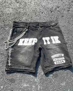 Black Washed Denim Shorts with <b>Chain</b> Detail Graphic Print Streetwear Shorts - Product Image 6