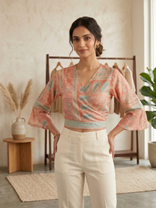 <b>Peach</b> Color Paisley Print Wrap <b>Top</b> V Neck Flared Half Sleeves Tie Up Bohemian Chiffon Crop Blouse Comfortable Women's Wear - Product Image 1