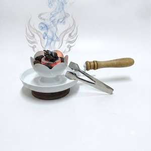 Quemador de incienso de metal personalizado con diseño de loto blanco, mango de madera, para carbón y resina, juego de pinzas para quemador de Bakhoor, al por mayor - Product Image 3