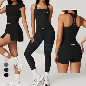 Ensemble de yoga deux pièces bleu sarcelle pour femme, avec haut à col rond et dos nu à manches longues, et leggings sans couture taille haute à découpes - Product Image 4
