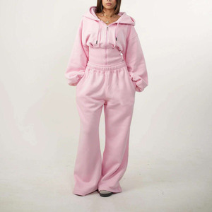Ensemble de survêtement polaire de luxe personnalisé pour femme, comprenant un sweat à capuche court style corset et un pantalon de survêtement large, avec manches lanternes oversize - Fabricant - Product Image 1