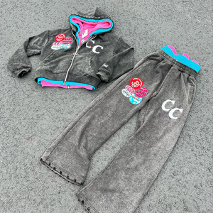 Custom Sweatsuit Distressed <b>Embroidery</b> Patchwork Two Piece <b>Set</b> Heavyweight Acid Wash Stacked Pants and Hoodie Tracksuits for Men - Product Image 6