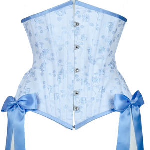 Corsé de satén azul floral para mujer con lazos, control firme, diseño bajo el busto y cierre de corchetes - Product Image 6