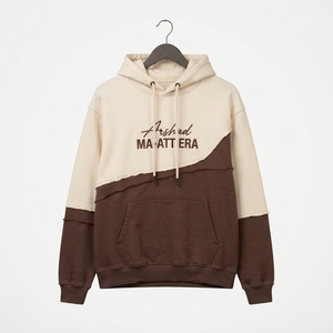 Custom Two Tone Hoodie Men Streetwear <b>Oversized</b> Pullover Distressed Cream Brown <b>Vintage</b> Fleece <b>Sweatshirt</b> Modern Style Wholesale - Product Image 3