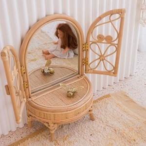 <b>Floor</b> <b>stand</b> vanity for kids handmade rattan makeup desk toddler dressing table with chair and <b>mirror</b> - Product Image 6