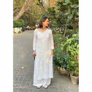 DESIGNER MASLIN COTTON EMBROIDER WORK <b>KURTI</b> with PALAZZO WHITE - Product Image 1
