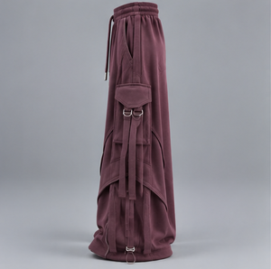 Pantalones Cargo Borgoña de Pierna Ancha para Hombre con Bolsillos Laterales, Cintura Elástica con Cordón, Estilo Urbano - Product Image 4