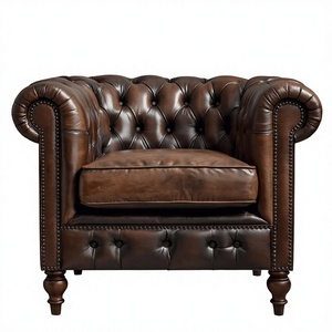 Fauteuil d'appoint classique en cuir marron de style mid-century avec pieds en bois, canapé simple vintage pour salon - Product Image 1