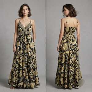Robe longue bohème pour femme en coton mélangé imprimé à motif floral, col en V, bretelles spaghetti, coupe classique, taille élastique, tenue décontractée d'été - Product Image 2