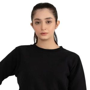 <b>Women's</b> <b>Black</b> Crew Neck Long Sleeve Cropped <b>Sweatshirt</b> Fitted Casual Top with Elastic Waist Detail Minimalist Everyday Activew - Product Image 3