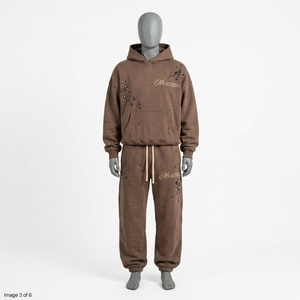 Ensemble survêtement streetwear personnalisé marron oversize avec strass, en molleton de coton, vente en gros OEM - Product Image 4