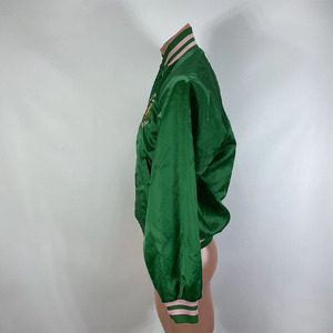 Green Satin <b>Varsity</b> <b>Jacket</b> <b>Men</b> Letterman <b>Bomber</b> Stand Collar Button Front Custom Logo Eco-Friendly Spring Outerwear - Product Image 5