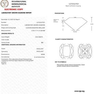 เพชรทรงคุชชั่นดัดแปลง 3.00 กะรัต เพชรเลี้ยงในห้องปฏิบัติการ สี D ความสะอาด VS1 รับรองโดย IGI - Product Image 3