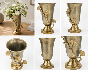 Luxury Antique <b>Gold</b> Metal Flower <b>Vase</b> with Decorative Floral Vine Design for Home Décor & Table Centerpiece - Product Image 5