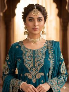 Designer Glass Roman Suit Set with Cording & <b>Sequin</b> Embroidery Kurta Plazzo Dupatta Collection - Product Image 3