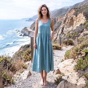 Cotton Midi Dress 100% Cotton with Pockets Vintage A-Line Summer Beach Vacation Flowy Factory Price - Product Image 1