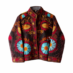 Handmade Suzani Embroidered Quilted Woven Floral Cotton <b>Velvet</b> <b>Jacket</b> Traditional Central Asian Ethnic Outerwear Wholesale - Product Image 1