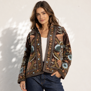 Rajasthani Textile Embroidered Knitted Velvet Bomber Jacket | Handmade Reversible <b>Quilted</b> Cotton <b>Wool</b> Linen Windproof Breathable - Product Image 2