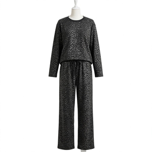 Conjunto de 2 Piezas para Mujer, Sudadera de Manga Larga con Estampado Floral Negro, Cuello Redondo, Pantalones con Cordón, Estilo Casual, Holgado, para Primavera - Product Image 2