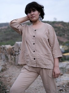 Premium Khadi Cotton Co-ord Set for Women - Eco-Friendly Beige Button-<b>Down</b> Comfort Top and Matching <b>Trousers</b> - Product Image 2