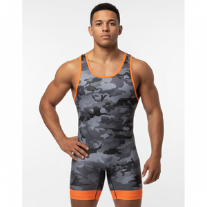 Maillot de lutte unisexe ajusté dégradé bordeaux et or, extensible, avec logo imprimé par décharge sur le devant, en nylon anti-humidité, pour adulte, combat - Product Image 1