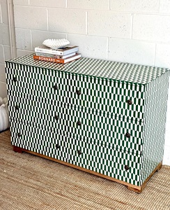 Premium Green Geometric Pattern Bone Inlay <b>Chest</b> of Drawers Handmade <b>Storage</b> Cabinet for Interior Decoration - Product Image 1