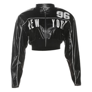 Black Letter Print Waterproof Casual Woven Leather <b>Stand</b> Collar Crop Jacket Women Zipper Moto Short Coat Fall Streetwear - Product Image 5