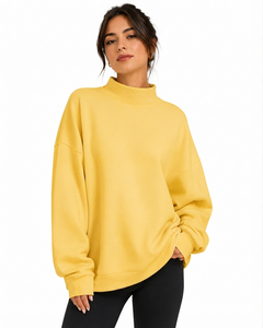 Women's Oversized Mockneck Sweatshirt Solid Yellow Drop-Shoulder <b>Long</b> <b>Sleeve</b> Knitted Cotton Relaxed Fit Casual <b>Top</b> - Product Image 1