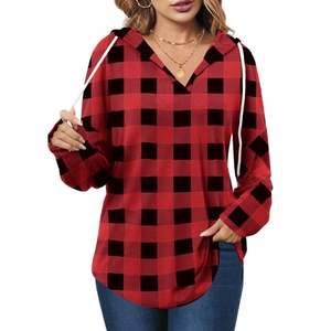 Sweat-shirt à capuche décontracté pour femme, à manches longues, à carreaux rouges et noirs, avec cordon de serrage, doux et confortable - Product Image 2