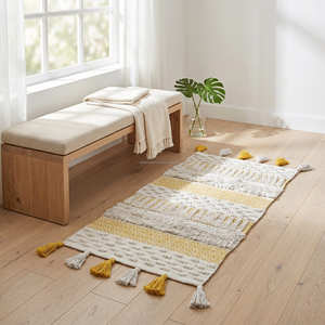 Scandinavian Handwoven Cotton Area Rug with Neutral Stripe Pattern for Living Room & Minimalist Interiors - Product Image 4