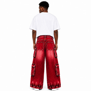 Pantalon cargo en jean ample et large pour homme avec logo personnalisé, rouge cramoisi délavé, multi-poches, style workwear, OEM ODM - Product Image 4