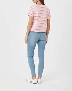 High Quality Women Colorful <b>Striped</b> <b>Crop</b> <b>Top</b> T-Shirt Multicolor Stripes + Round Neck Short Sleeve Tee Factory Made in Pakistan - Product Image 2