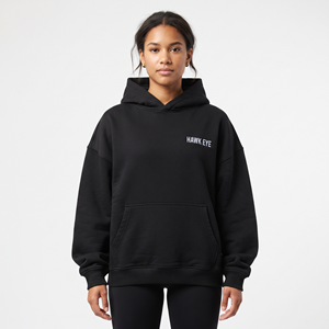 Sweat-shirt à capuche noir surdimensionné pour femme en molleton de coton avec poches kangourou, épaules tombantes, respirant, pour un usage décontracté - Product Image 1