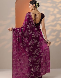 Sari Tradicional Bordado de Viscosa y Organza Reversible para Mujer, Diseño Otoñal, Sin Arrugas, con Blusa Sin Coser para Fiesta - Product Image 3