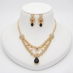 Collier ras-de-cou de luxe en or jaune 18 carats avec pendentif en forme de larme noire et ensemble de boucles d'oreilles assorties pour femmes, bijoux de mariage - Product Image 3